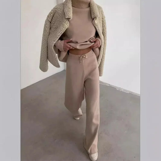 Autumn and Winter Women's New Knitted Fashion Casual Suit Two-piece High-neck Long-sleeved Top + Drawstring Wide-leg Pants Y2k.