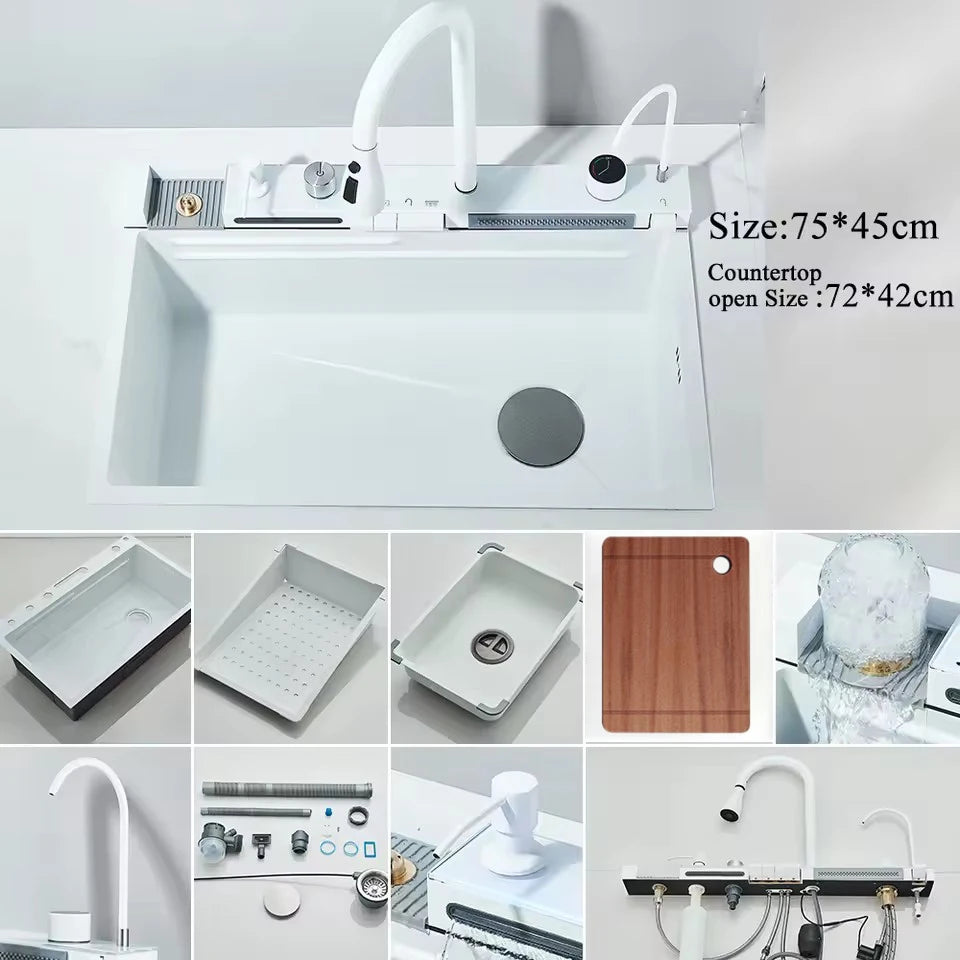 Stainless Steel Kitchen Sink with Hot Cold Pull Out Kitchen Sink Faucets Digital Large Single Bowl Waterfall Rain Kitchen Sinks