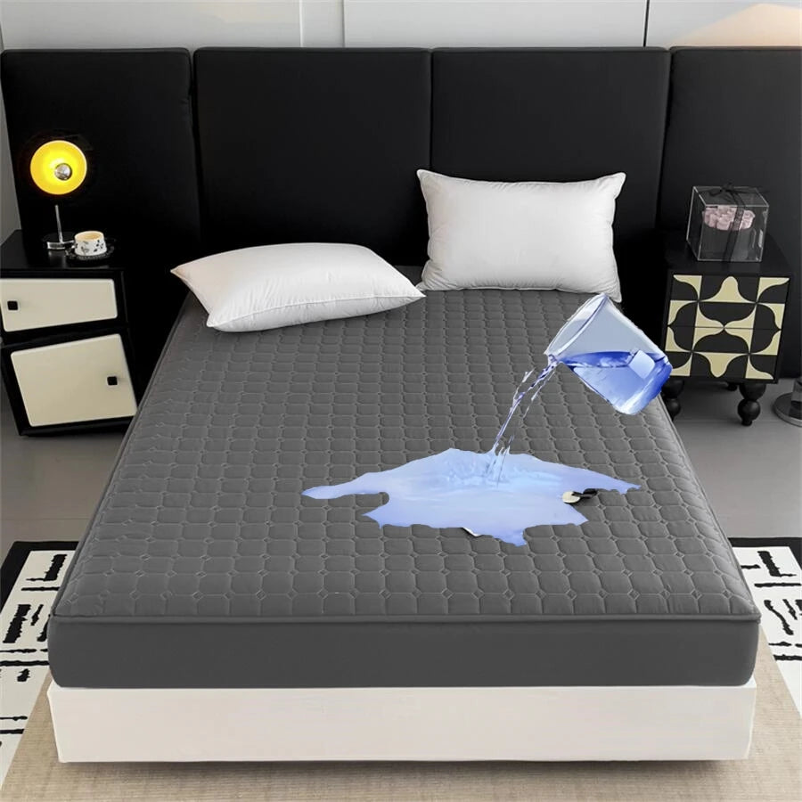 Kuup Fashion Queen Size Mattress Protector Waterproof Quilted Fitted Sheet Solid Color Bed Cover - No Pillowcase Included.