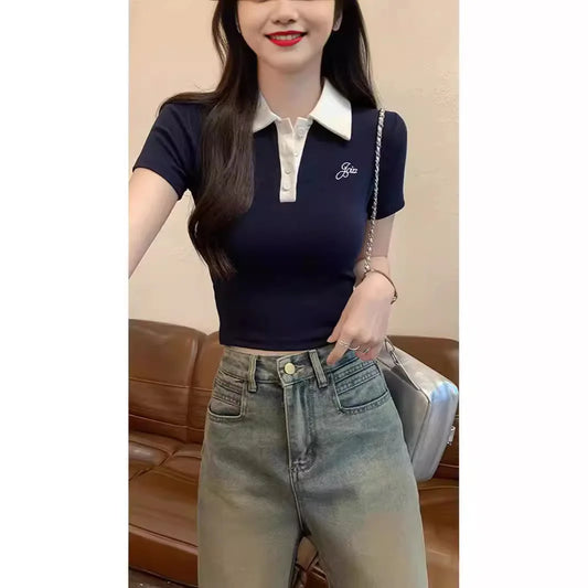 Original Quality Short Sleeve Polo Neck T-Shirt Women's Slim Fit Waist Cinched Sexy Design Casual Sweet Style Polyester Fabric.