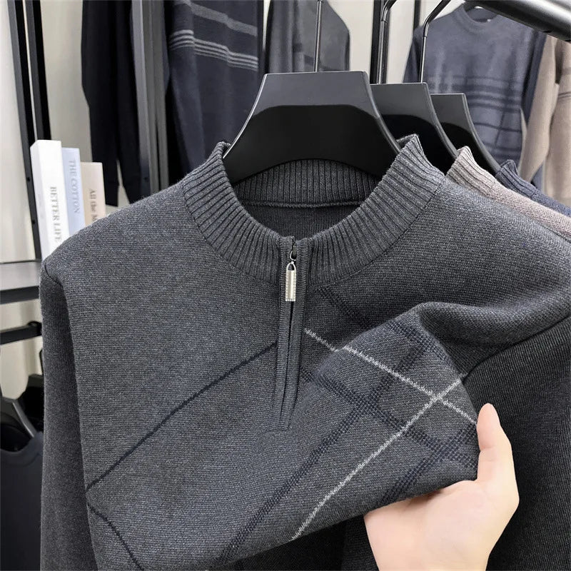 Men's New Thickened Turtleneck Knitwear Autumn Winter New Zipper Solid Color Sweater Middle Aged Warm Knit Top