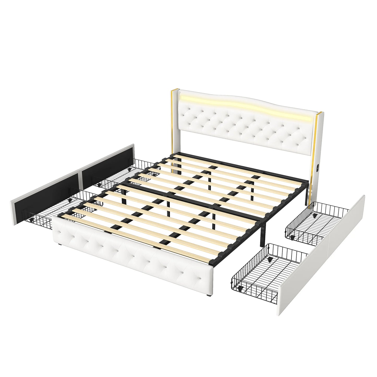 Rosahqnda Modernes Doppelbettgestell aus weißem PU-Leder, vergoldetes Kopfteil mit vier Schubladen ohne Matratze