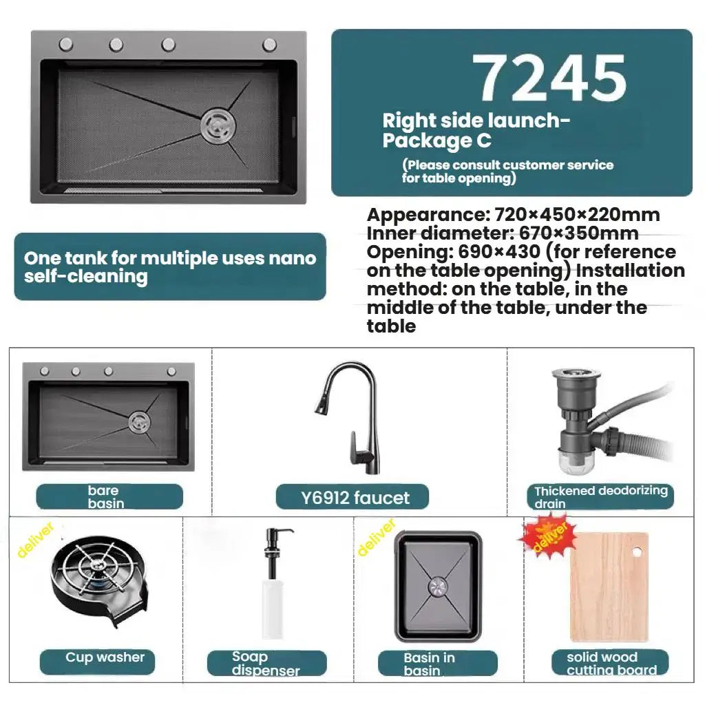 Stainless Steel Kitchen Sink Household Rice Grain Pattern Large Single Slot Wear Resistant Wash Dish Bowl Countertop Basin