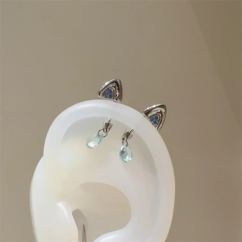 Silver Color Cat's Ear Droplet Shaped Zircon Stainless Steel Ear Bone Nail Earring for Women New Trendy Body Piercing Accessorie