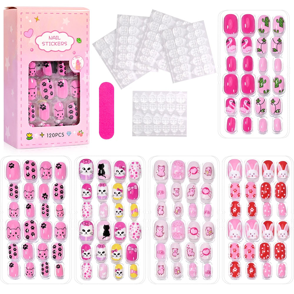 120Pcs Children's Press on Nails Kids Cartoon Acrylic Fake Nails Tips Kawaii Girl Full Cover Short False Nails With Jelly Glue#@