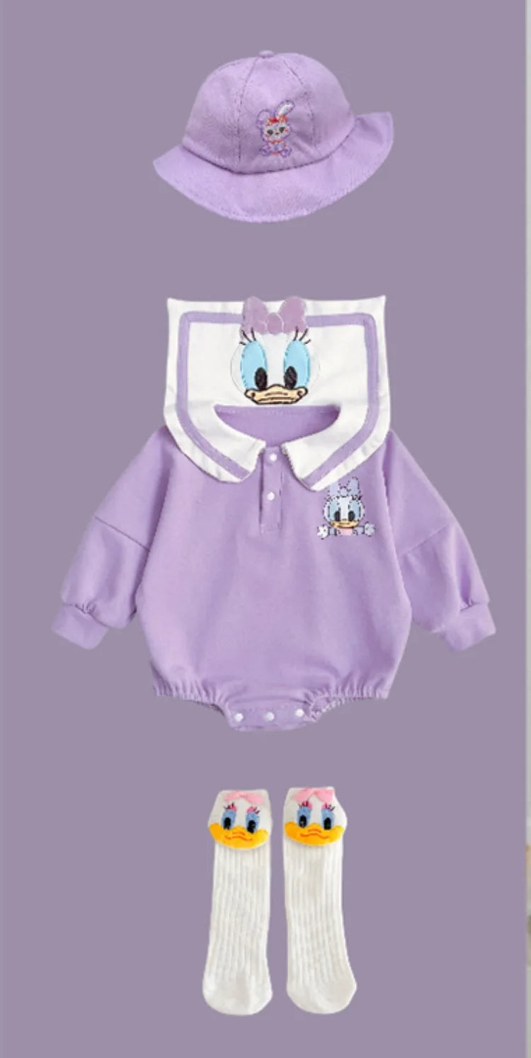 Neugeborenen Baby Strampler Socke Hut 3 stücke Set Cartoon Donald Daisy Ente Kleidung Jungen Mädchen Overall Infant Kurzarm Body k732