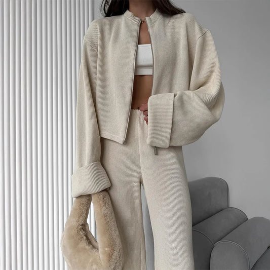 Knit Women 2 Piece Outfit Round Neck Zipper Loose Cuffs Cropped Coat For Lady Sporty Elatic Waist Autumn Female Wide Leg Pants.