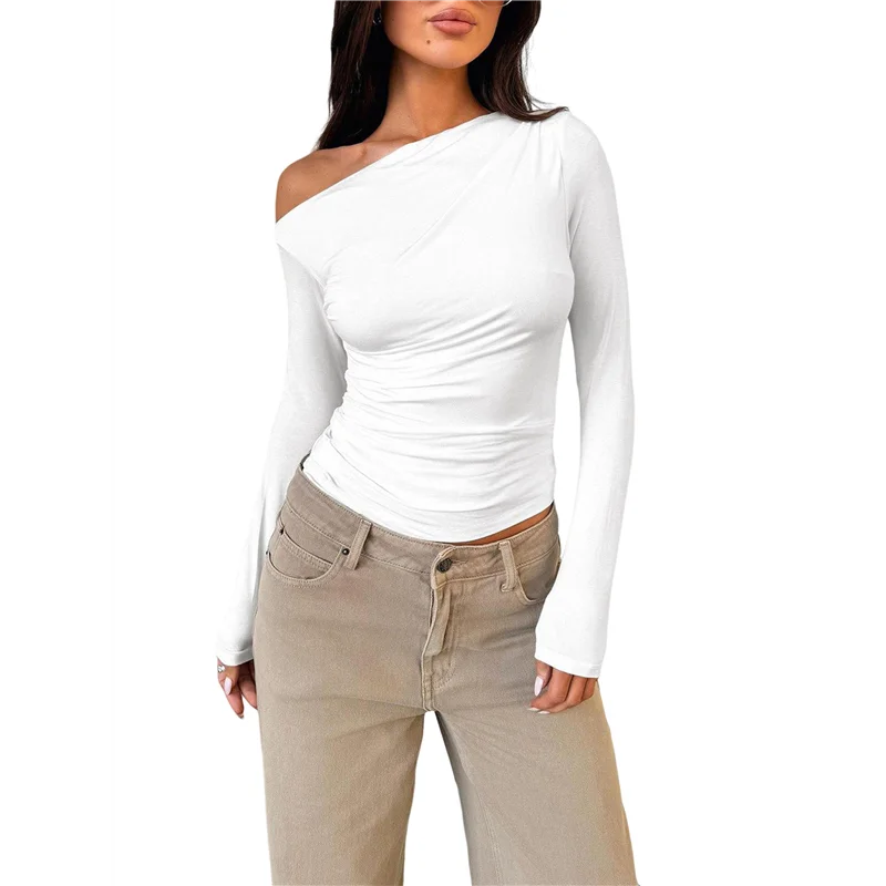 Women's Off Shoulder Tops Dressy Long Sleeve Asymmetrical Slim Fit Going Out Fall Blouse Ruched Shirts.