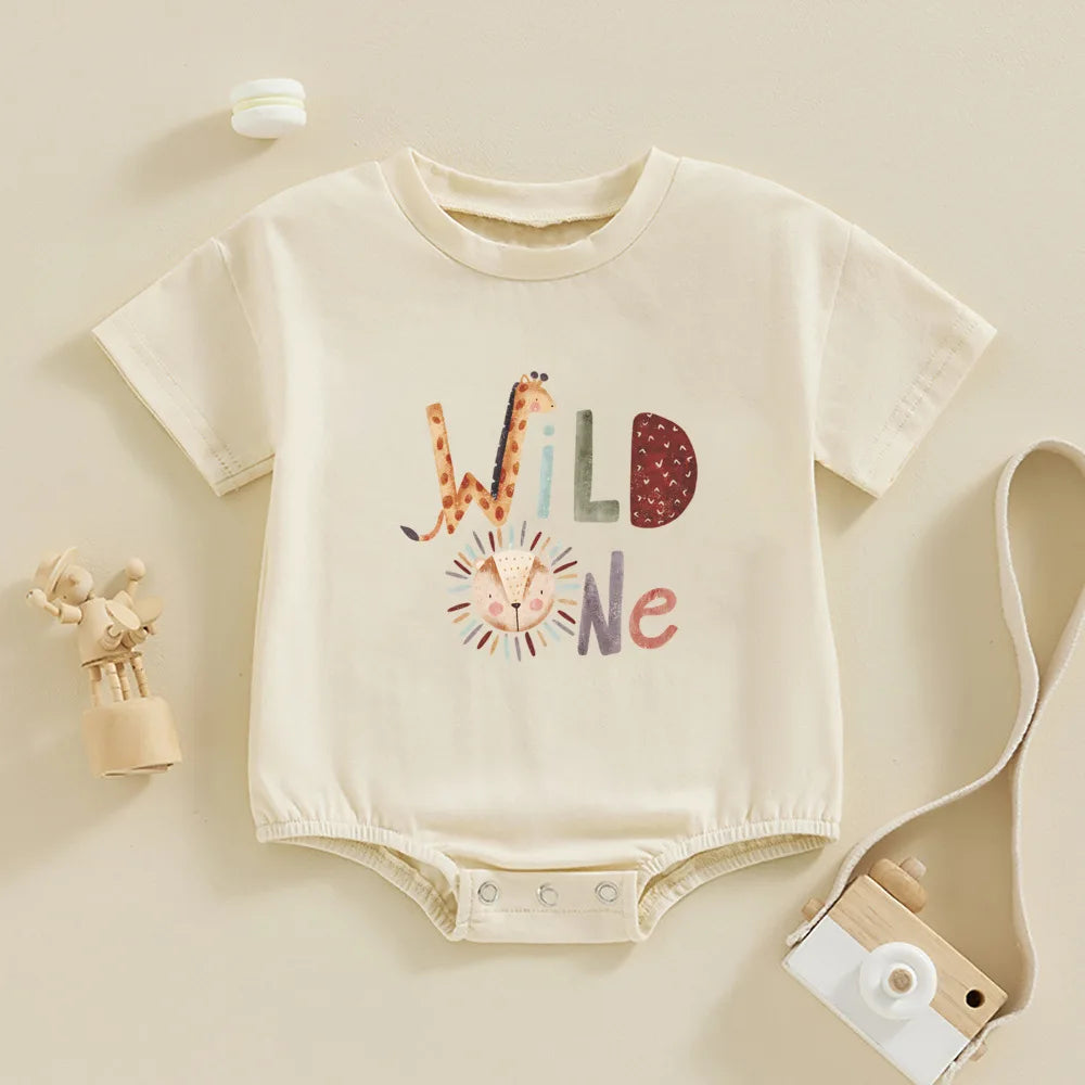 Wild One First Birthday Baby Bubble Strampler Safari Zoo Tier 1. Geburtstag Übergroßes T-Shirt Strampler Unisex Natürliches Kleinkind-T-Shirt.