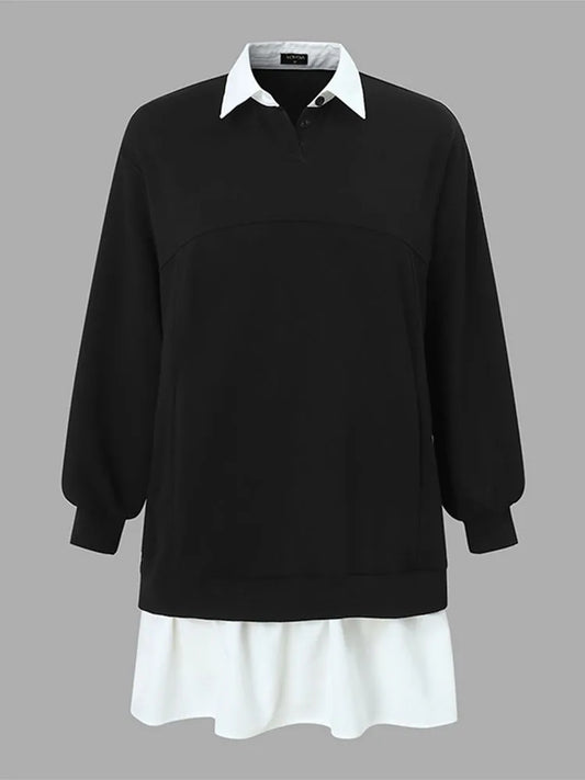 Plus Größe 5XL VONDA Frauen Hoodies Sweatshirts Mode Patchwork Kausalen Revers Kragen Gefälschte Zwei Stück Sweatshirts Lose Lange Jumper.