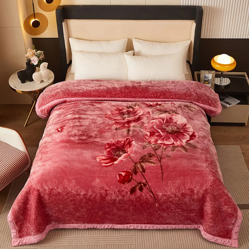 Mink Fleece Blanket King Size 3-Ply Reversible A & B Printed Soft Plush Bed Blanket Heavy Thick Winter Warm Blanket Pink Floral