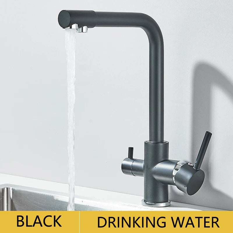 Filter Kitchen Faucet Chrome Drinking Pure Water Kitchen Tap Deck Mounted Dual Handles 3-Ways Hot and Cold Water Mixer