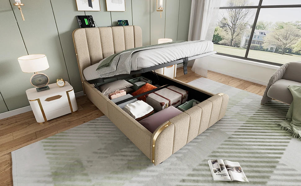 90*200 cm Flachbett, Rahmenbett, Polsterbett Einzelbett, mit gepolstertem Kopfteil, hydraulisches Stauraumbett (mit Matratze)