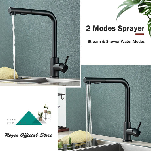 Black Flexible Pull Out Kitchen Faucet Stainless Steel 2 Modes Nozzle Faucets 360 Degree Rotating Hot Cold Water Sink Mixer Tap