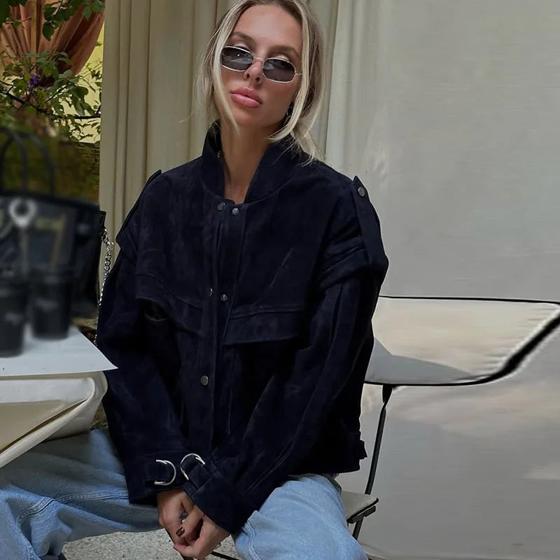 Wildleder Fleece Taschen Damen Jacken Mode Einreiher Langarm Mäntel Lose Gerade Kurze Tops Herbst Warme Kleidung.