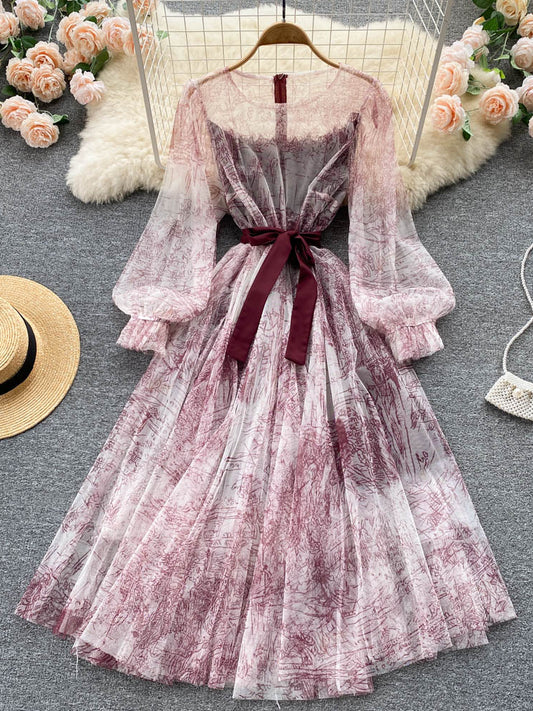 Elegante Frauen Mesh Kleid Vintage Laterne Ärmeln Gedruckt Party Kleider Frühling Sommer Patchwork A Line Bandage Strand Kleid.