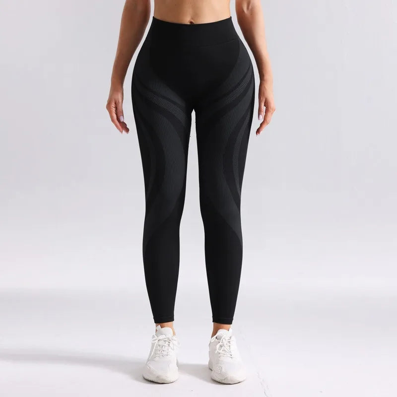 Seamless Breathable High Waisted Contrasting Yoga Pants Women Tight Fitting Hip Lifting Long Striped Sports Suit Long Leggings.