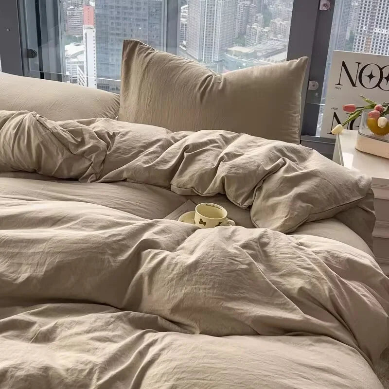 Washed Cotton Bedding Set,Bed Sheet Set, Linen Feel, Super Soft, Comfortable, 4-Piece Duvet Cover Set, Durable and Easy Care.