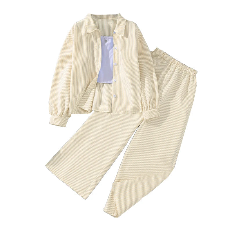 Spring Hot Sale Kids Outfit 4-12 Years Girls Striped Long Sleeve Chemise + Casual Loose Straight Leg Pants Shirt Suit 2Pcs Set