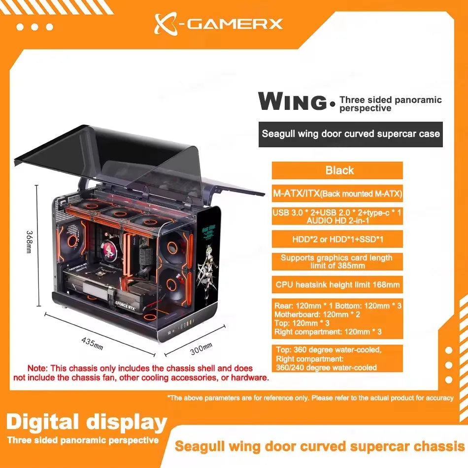 X-GAMERX HUANYI WING MATX Seaview room Case Vertical Desktop Computer 360 Water-cooled Chassis TYPE-C Interface With Screen