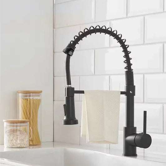 Matte Black Pull Down Kitchen Faucet Chrome Dual Modes Nozzle Hot Cold Water Mixer Crane Tap Brass Spring Kitchen Sink Faucets
