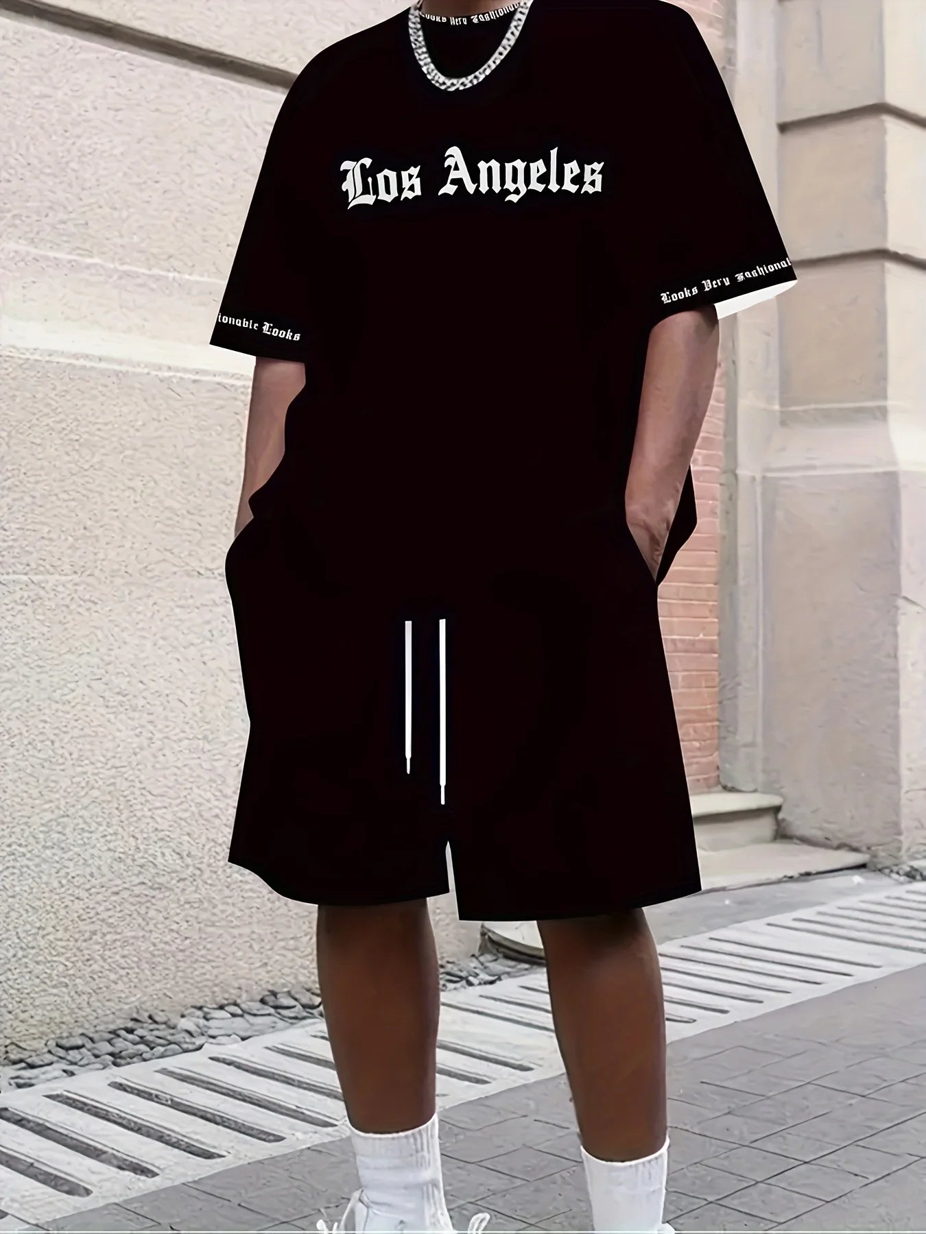 Men's Casual LA Patterned Suit, Soft and Breathable Summer Suit, Drawstring Shorts, Casual Summer Wear, Comfortable Fit.