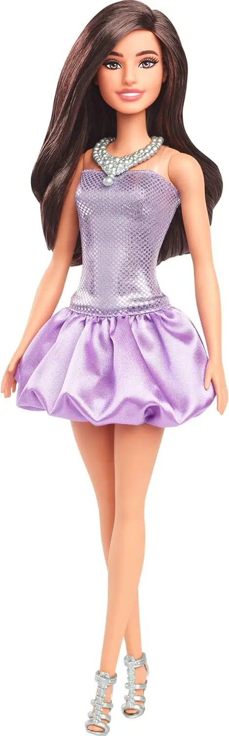 Genuine Barbie 1/6 Doll Fashionistas Model Brown Hair Sequined Purple Bubble Dress Accessory with Necklace Shoes Girls Toys Gift.