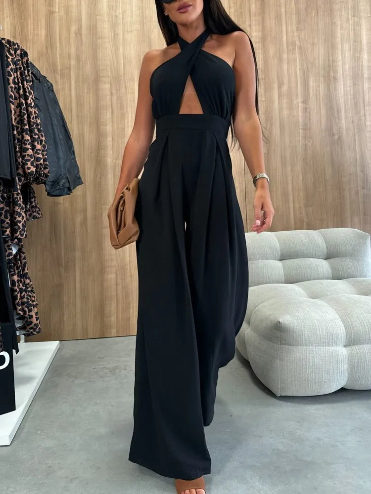 Sexy Backless Halter Neck Sleeveless Bandage Jumpsuit Summer Women Fashion Red Black Hollow Out Wide Leg Jumpsuits Streetwear