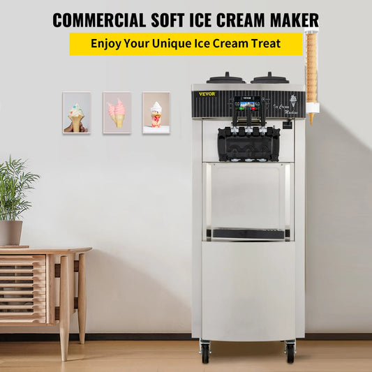 VEVOR Commercial Soft Ice Cream Machine,2200W 3 Flavors Ice Cream Maker,5.3 to 7.4 Gal per/H Auto Clean LCD Panel for Restaurant.