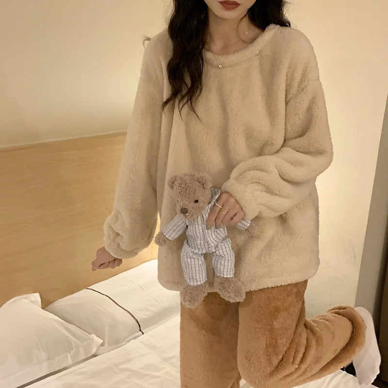 Winter Fleece Women Pajamas Set Sleepwear Solid Velvet 2 Piece Pant Home Suit Fluffy Casual Warm Flannel Night Wear