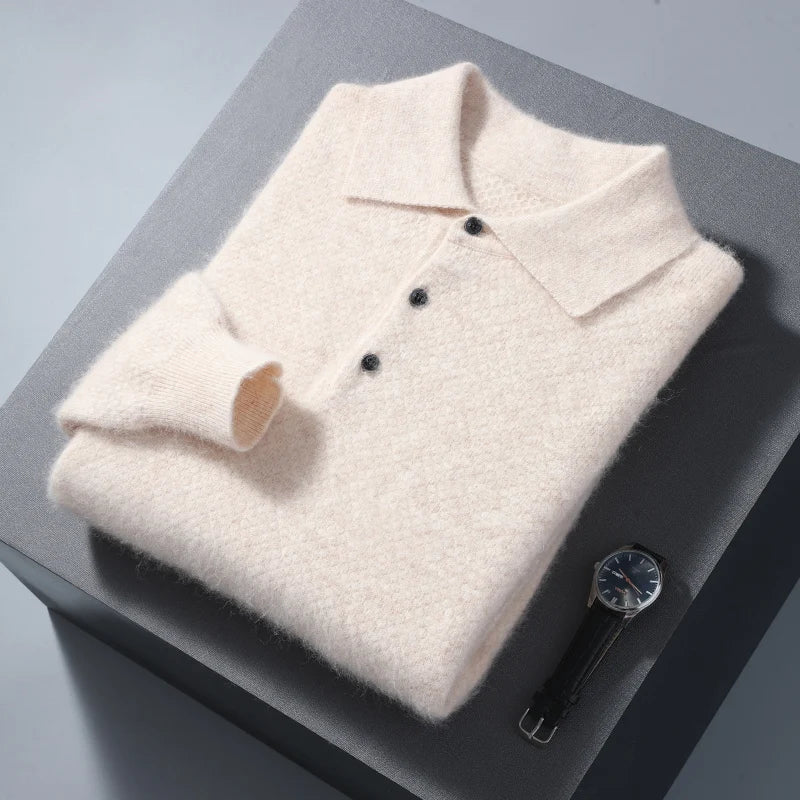 Men's 100% Mink Cashmere Large Size Sweaters Autumn Winter Solid POLO-neck Casual Knit Pullovers Men Long Sleeve Warm Jumper to