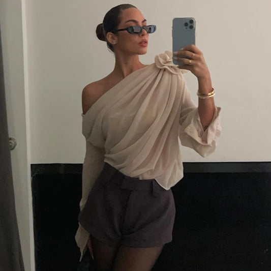 WhereMery Sexy Irregular Oblique-neck Flower Applique T Shirt Summer Off Shoulder Fashion Long Sleeve Crop Tops Street Mesh Tees.