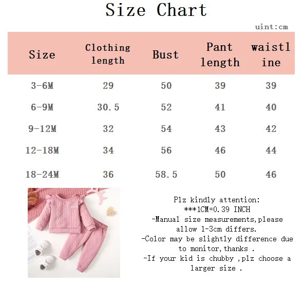 0-24 Months Baby Girl Set Solid Color Twist bar Tops+Long Pants 2pc/Set Baby Girl Spring Autumn Fashion Set Toddlers' Clothing.
