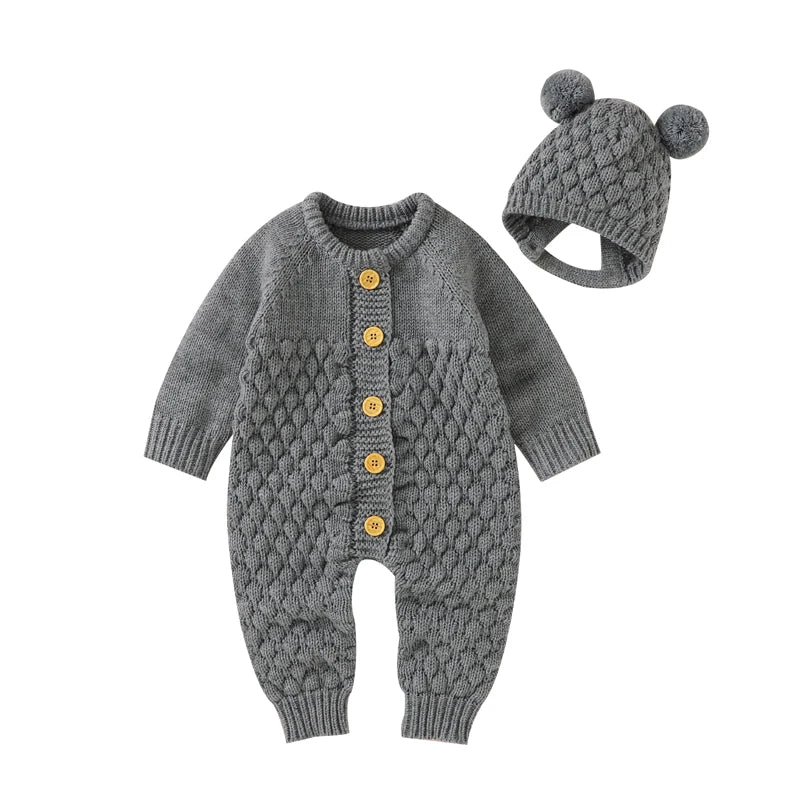 Autumn Baby Rompers Solid Long Sleeve Knitted Newborn Boys Girls Winter Outwear Jumpsuits Hats Clothes Sets 0-18m Infant Outfits