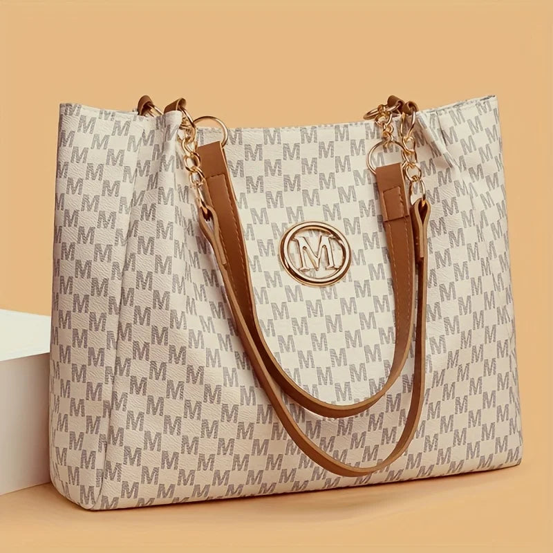 Vintage Geometric Tote Bag Synthetic Leather Letter "M" Design for Women Handbag Shoulder Bag Large Capacity Shopping Travel Bag