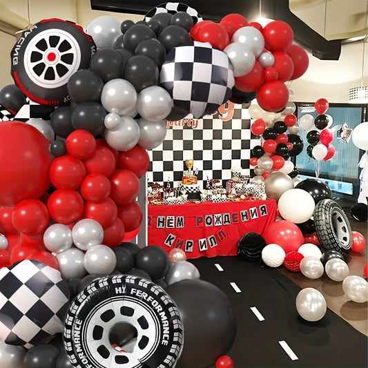 109 Stück Rennwagen-Themen-Ballon-Girlandenbogen-Set, karierter Reifen, rot, schwarz, Latex-Luftballons für Geburtstagsfeier des Jungen, Babyparty-Dekoration.