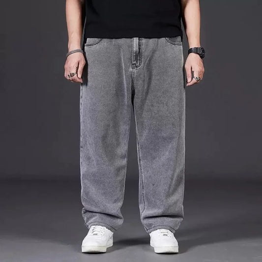 Plus Size Jeans Men's Autumn Loose-Fit Straight-Leg Casual Denim Pants Elastic Waist Wide-Leg Design For Plus Size Men.