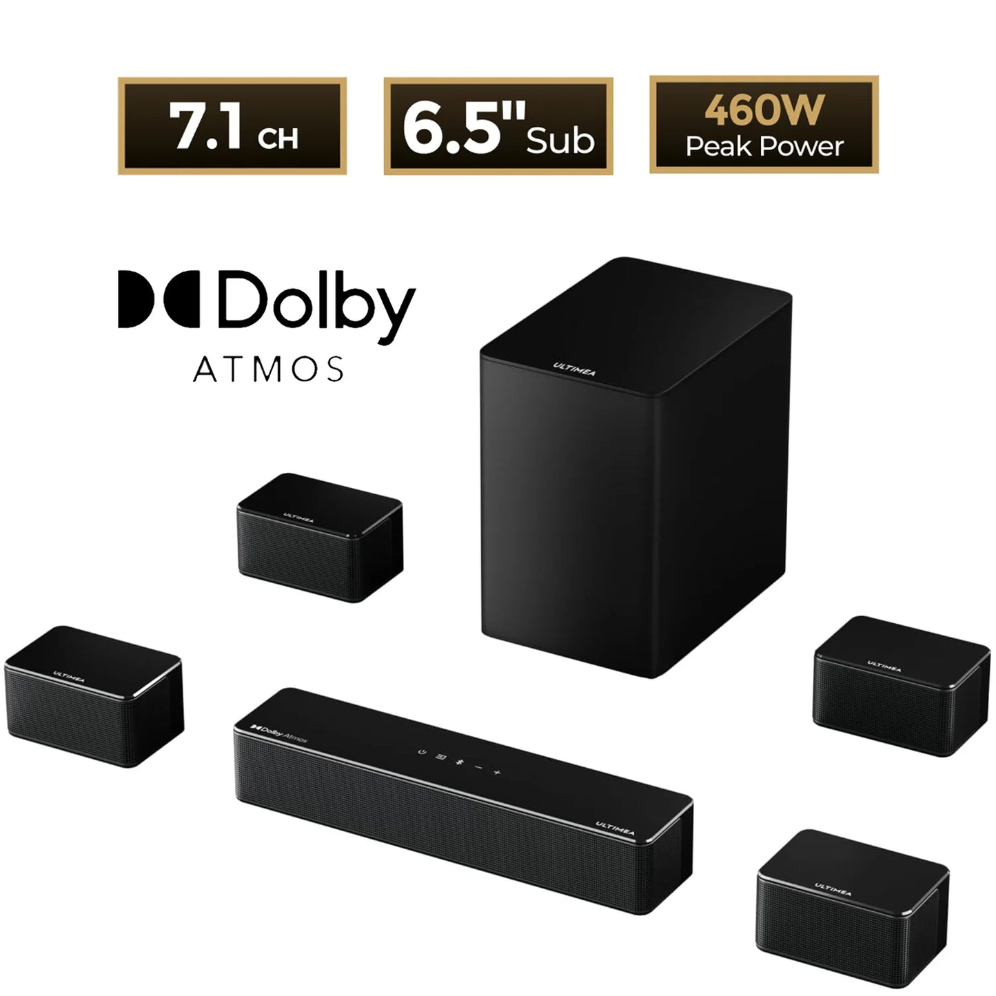 ULTIMEA 7.1Ch Soundbar with Dolby Atmos, APP Control, Surround Sound System for TV, 4 Wired Surround Speakers, Sound Bar for TV