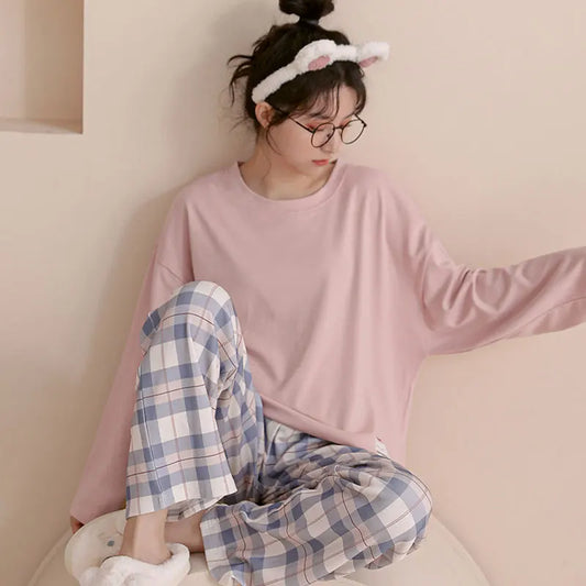 Frauen Frühling und Herbst Pyjamas Loungewear Set frauen Langarm Neue Koreanische Mode Casual Plaid frauen Loungewear Set.