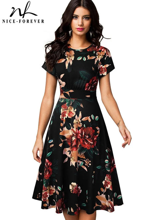 Nice-forever Vintage Elegante Blumen Druck Plissee Rundhals vestidos A-Line Pinup Business Party Frauen Flare Swing Kleid A102.