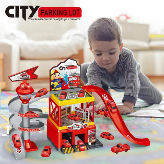 Garage Racing Track Sliding Car Parking Lot Toys Multi-Storey Car Parking Fire Police Engineering Mini Vehicle Toy for Boys Gift.