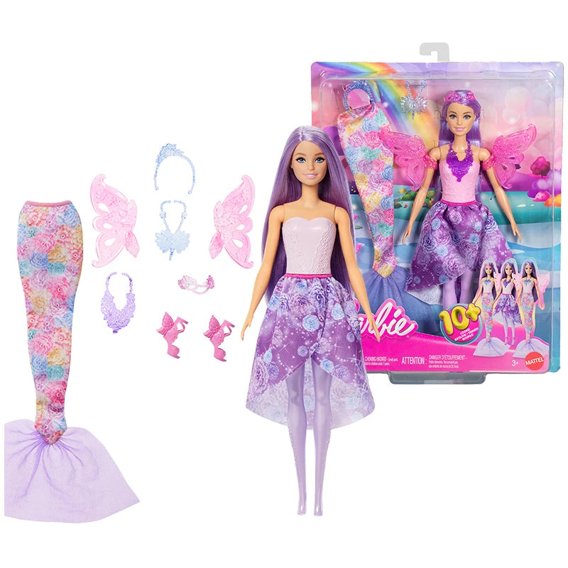 Original Barbie Mermaid Dolls Pink Fantasy Ocean Princess Hair Headband Accessories Toys for Girls Shell Lavender Fish Tail Body.