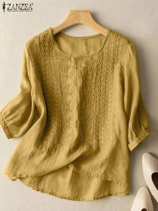 ZANZEA Elegant Women Embroidered Blouses Autumn 2024 3/4 Puff Sleeve Transparent Blusas Mujer Casual Vintage Cotton Shirts Tops.