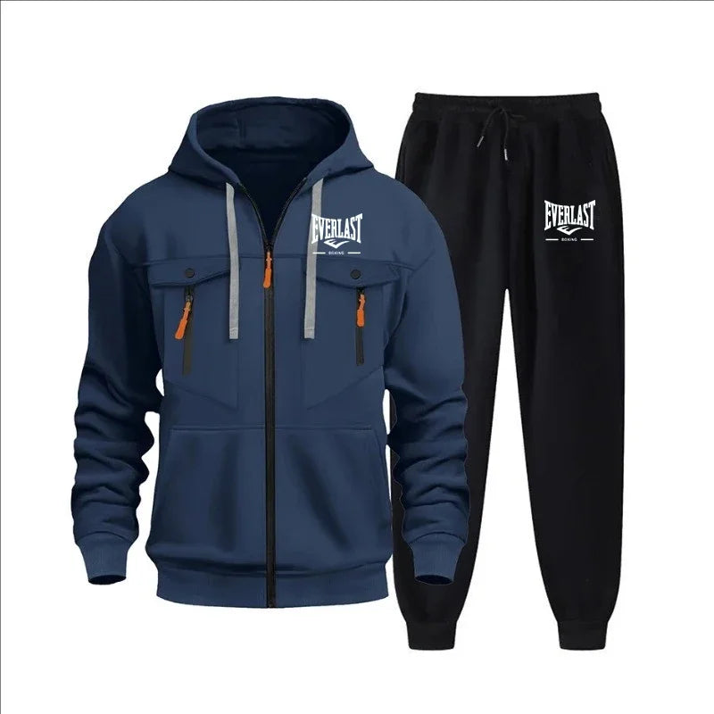 Autumn and winter new men's sweatshirt sport set, fashionable windproof and warm men's zipper hoodie and pants 2-piece set