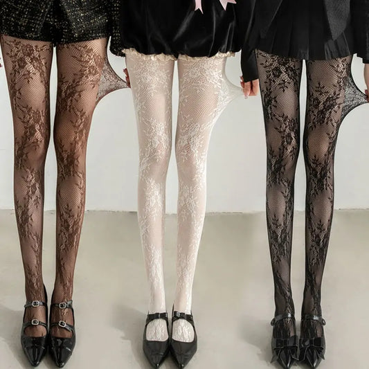 Classic Lolita Hollowed Out Lace Mesh Stockings Bottomed Pantyhose Japanese Lolita Retro Floral Rattan White Hosiery Hot Tights