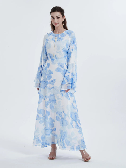 Ramadan kebaya Muslim women's chiffon print flared sleeve dress headscarf two-piece set.