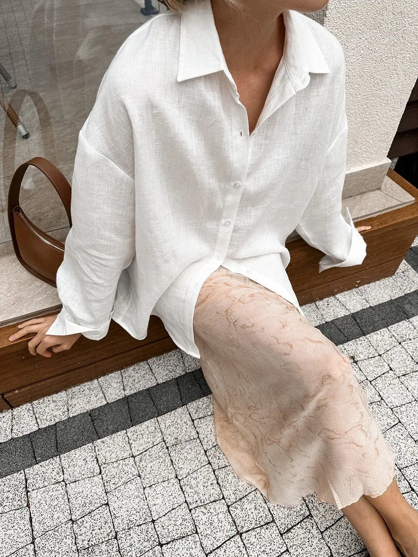 2025 Women's Oversize Shirt Long-sleeved Button Cardigan Pink Lapel Simple Korean Version White Top Blue Blouses for Female.