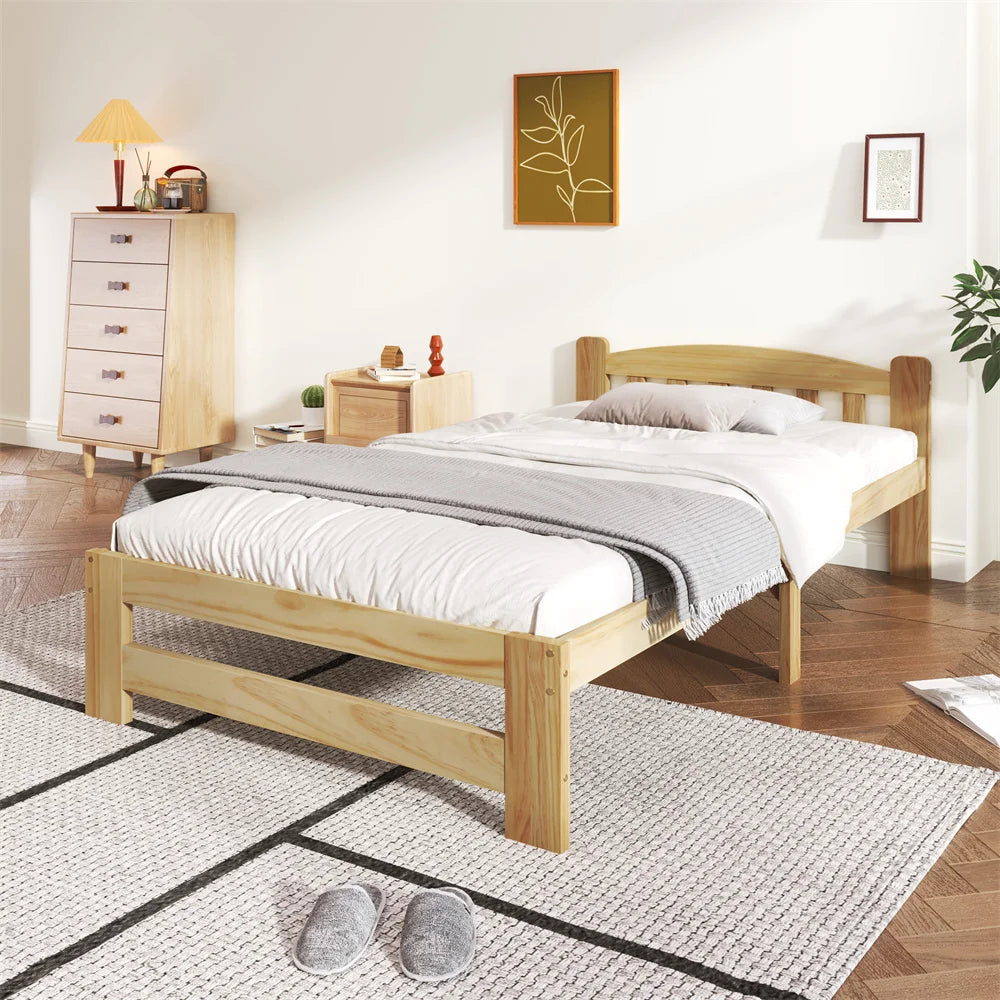 Solide Massivholzbett Futonbett 90x200cm, Einzelbett mit Kopfteil und Lattenroste,Jugendbett,Erwachsenenbett,Natur,ohne Matratze