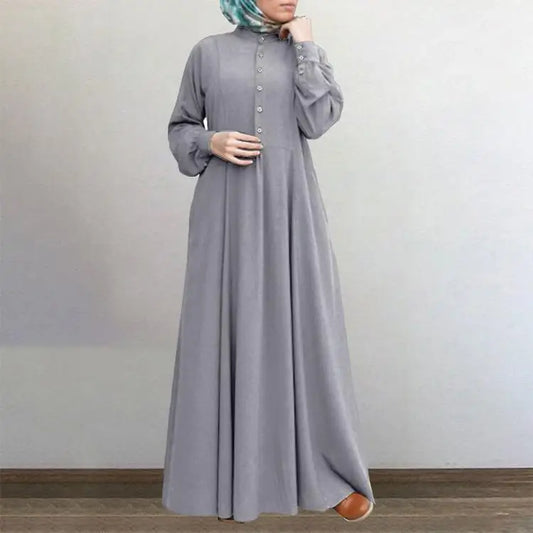 Women's Long Islamic Muslim Dress Vintage Solid Color Button Down Long Sleeve Dress for Spring Fall.