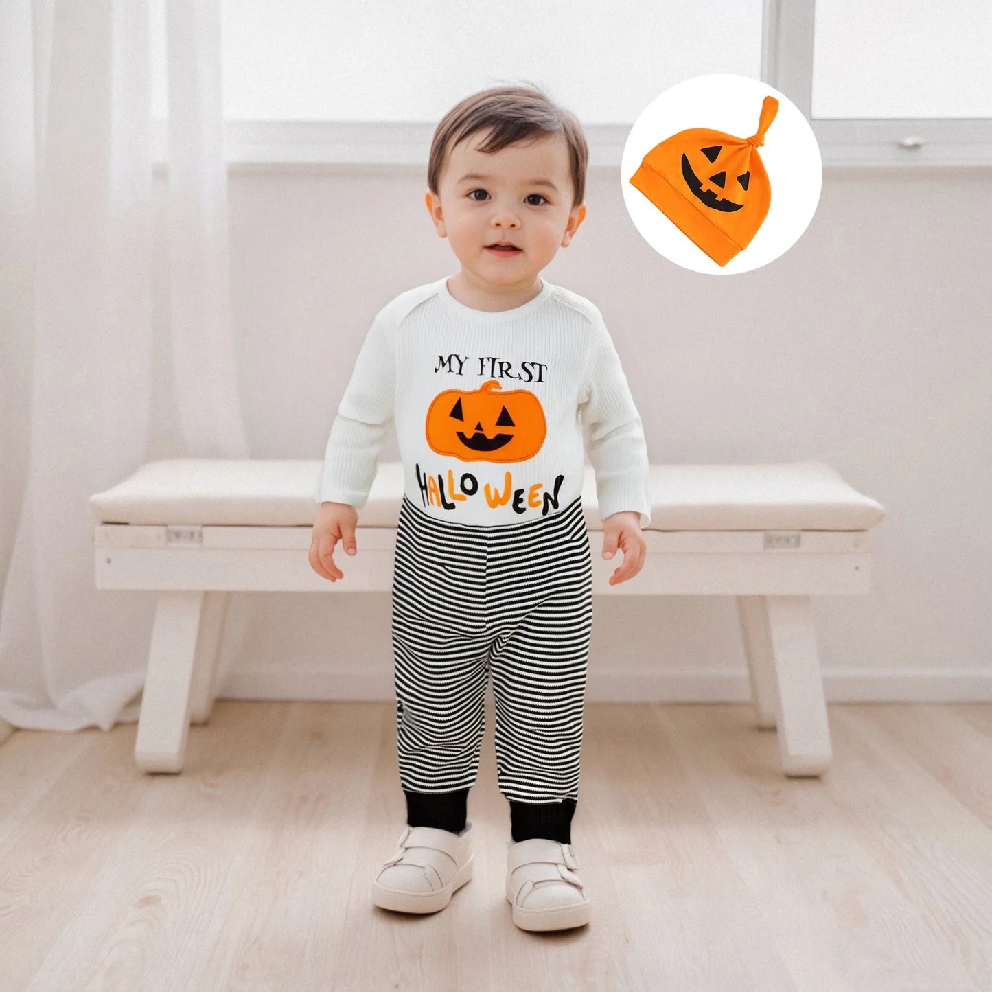 Baby Mädchen Halloween Baumwolle 3-teiliges Set 0-18 Monate Kleinkind Jungen Langarm Kürbis Print Onesie + Gestreifte Hose + Hut Festliches Outfit.